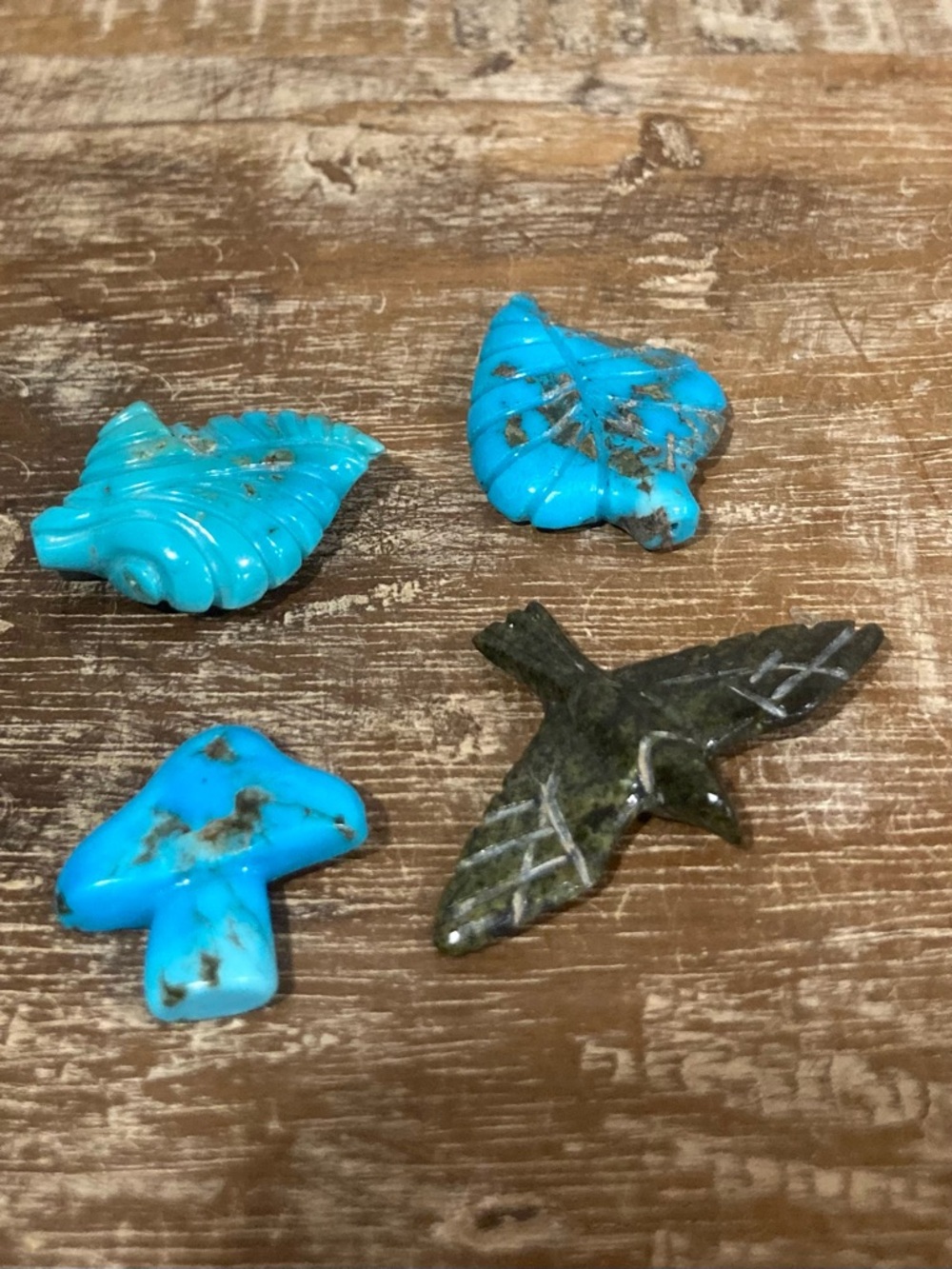 4 Small Stone Carvings Leaves Mushroom & Bird Green and Turquoise Colored - Picture 10 of 11